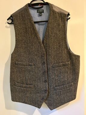 J. Crew Brown Herringbone Wool Vest with Leather Shoulders